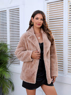 Casaco de Inverno Casual em Pelo Sintético com Lapela para Mulheres