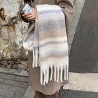 Cachecol de Inverno Feminino Beje com Listras