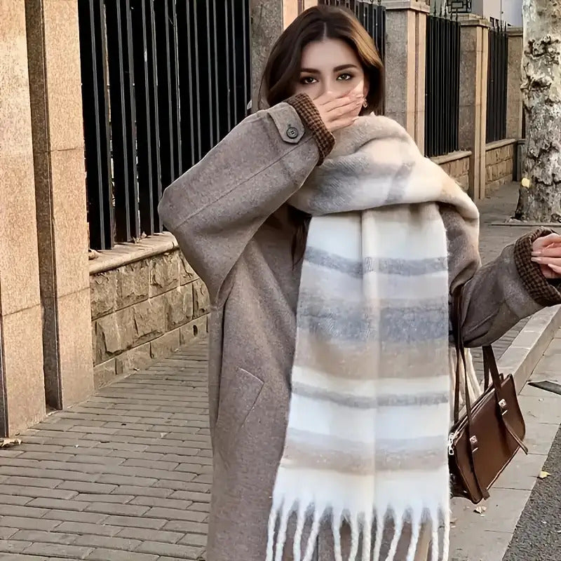 Cachecol de Inverno Feminino Beje com Listras
