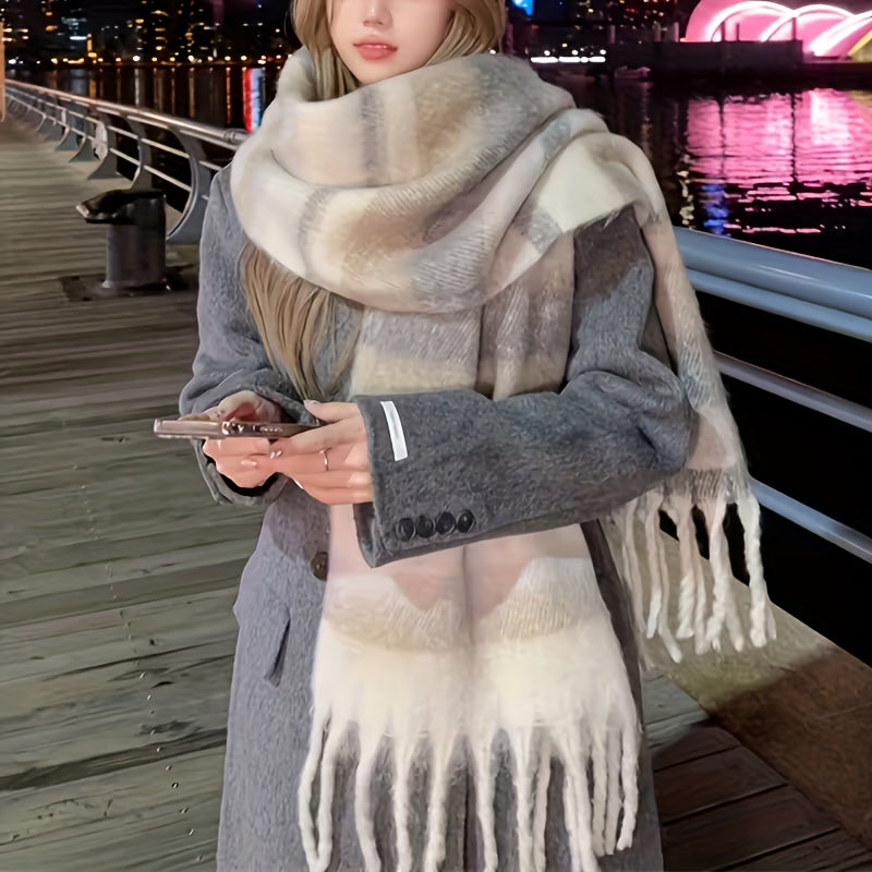 Cachecol de Inverno Feminino Beje com Listras Imagem secundária do produto