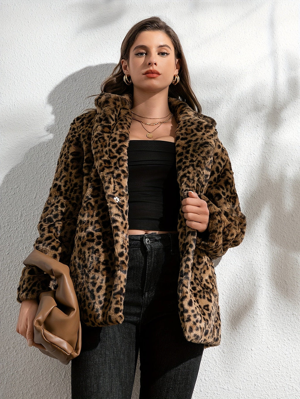 Casaco de Inverno Casual em Pelo Sintético com Lapela para Mulheres