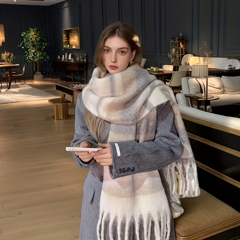Cachecol de Inverno Feminino Beje com Listras Imagem principal do produto