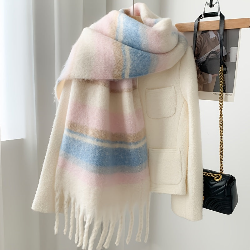 Cachecol de Inverno Feminino Beje com Listras