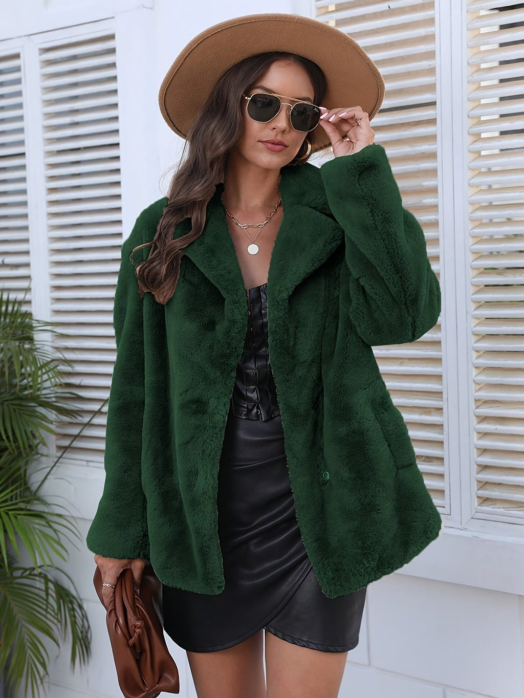 Casaco de Inverno Casual em Pelo Sintético com Lapela para Mulheres