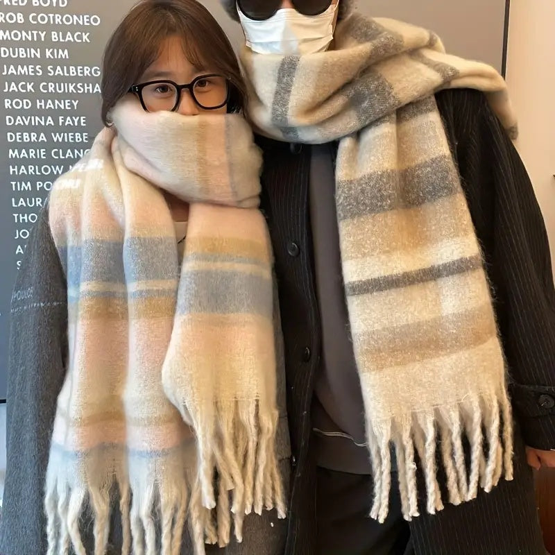 Cachecol de Inverno Feminino Beje com Listras